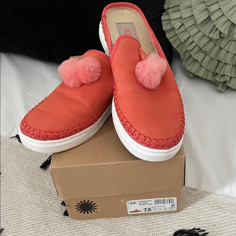 UGG Orange Mules with Pink Pom Poms